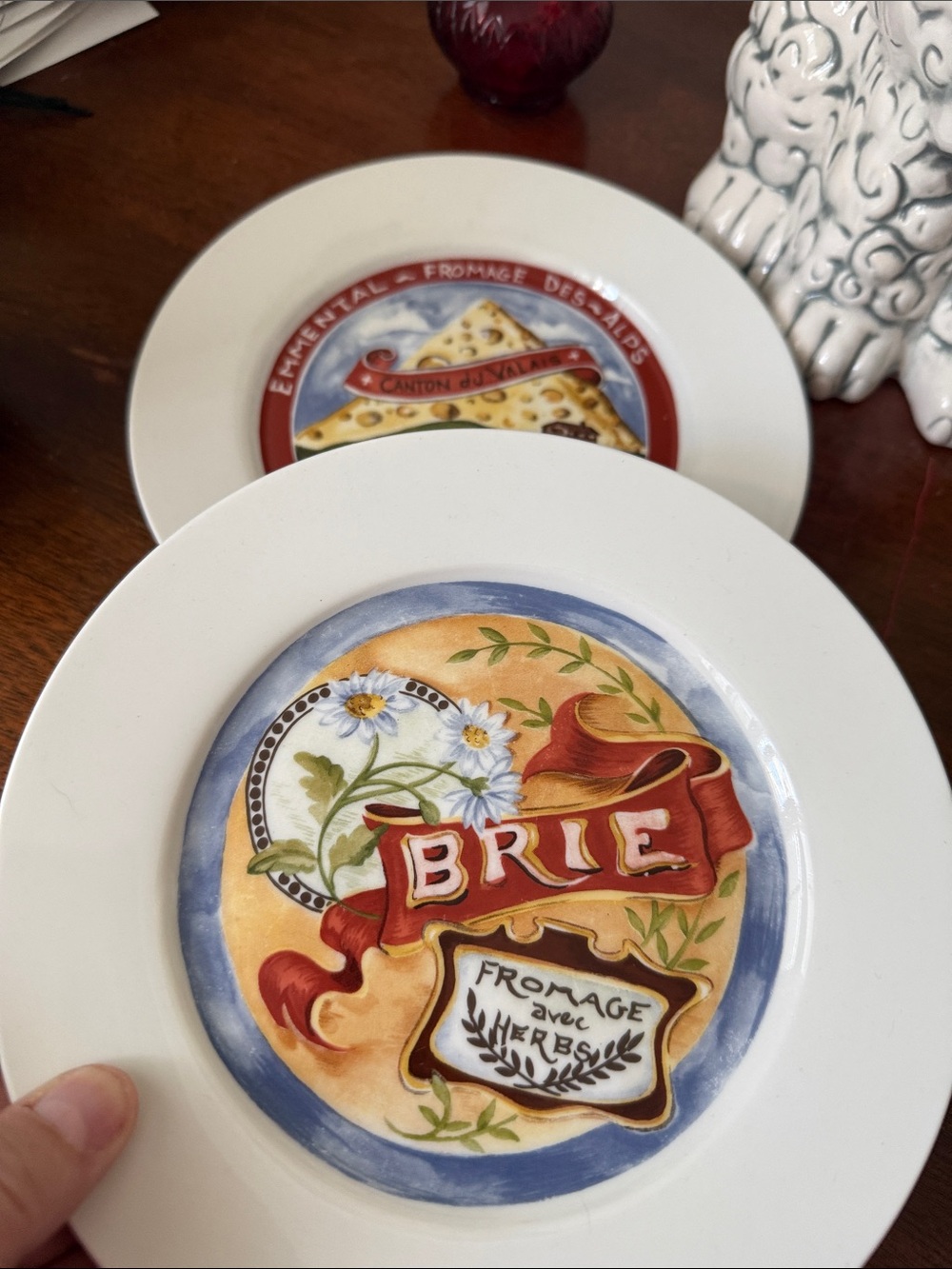 Restoration Hardware White Ceramic Brie Plate with Red, Blue, Yellow Accents